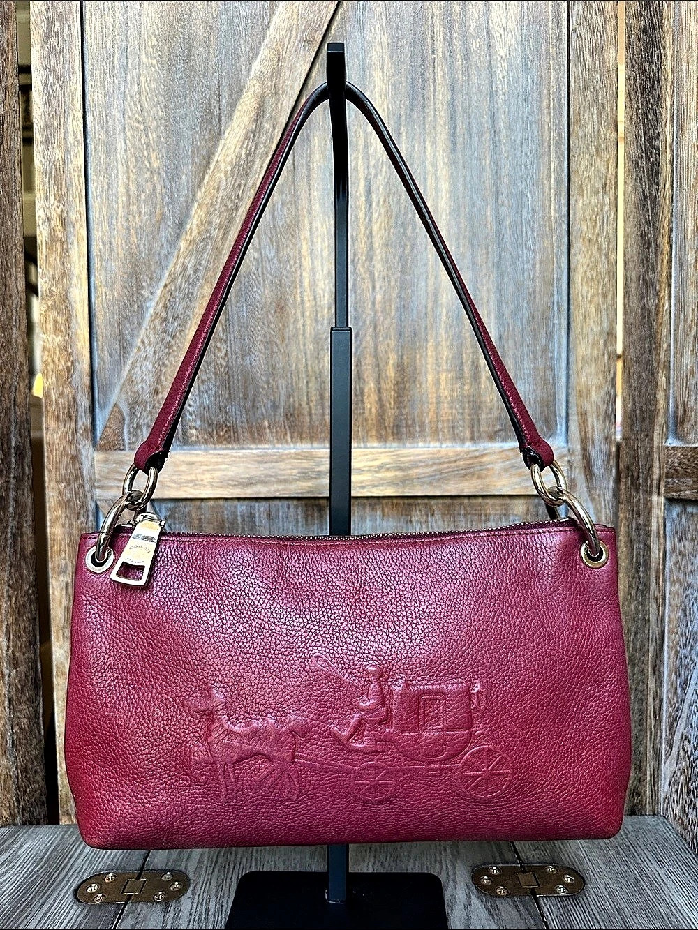 Coach Charley Embossed Horse & Carriage Deep Burgundy Red Leather Shoulder Bag